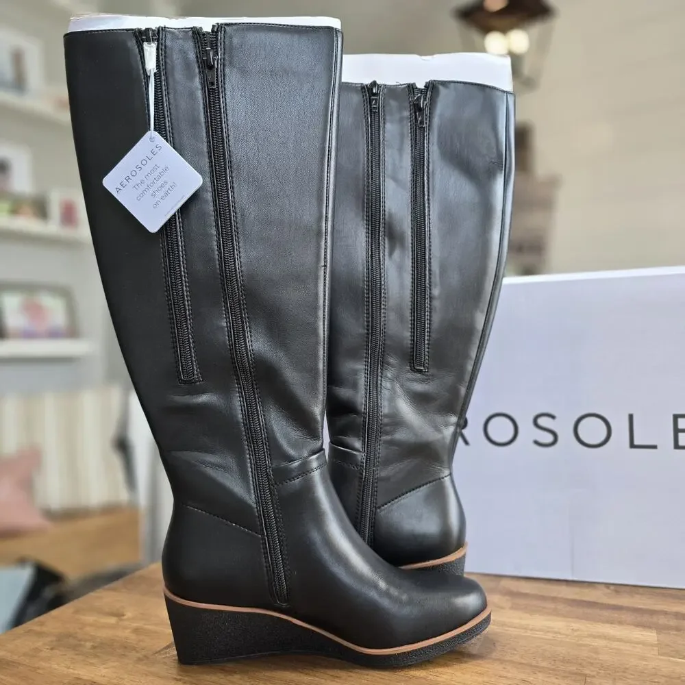Aerosoles‎ Binocular Knee High Boots Size 7M Black Wedge Heel Women's NEW